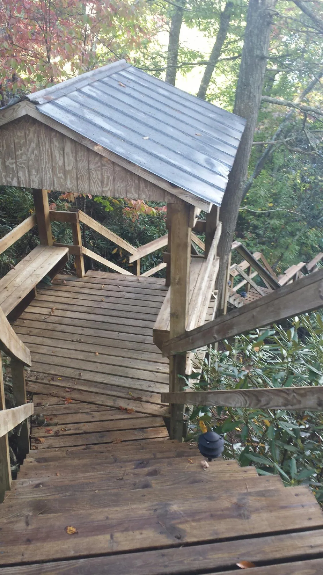 Metal roofed shelter over wooden steps on a wooded walkway — Skylight Repair & Installation work by our crew in Petroleum